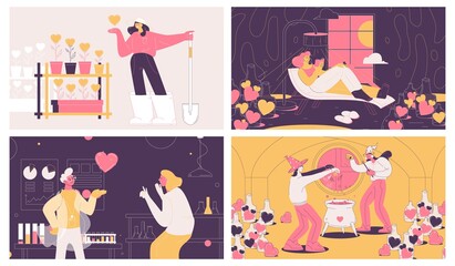 Vector concept scenes about likes, hearts and social media popularity. Outline modern drawn graphic characters in pink, yellow and dark purple