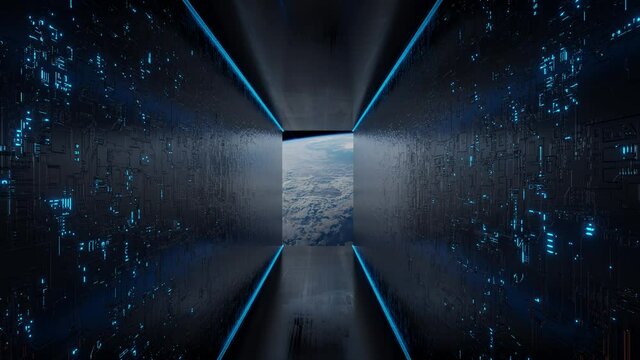 Huge illuminator of an unknown spaceship interior with scanner at an empty galaxy. 3D ISS animation in 4k.
