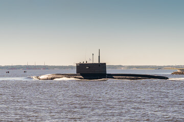 The diesel submarine project 877 Black hole passes near Kronstadt during the rehearsal of the naval...