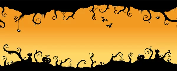 Tuinposter Leuke hand getekende horizontale halloween naadloze patroon, spookachtige takken en spinnenwebben, pompoenen en vleermuizen - ideaal voor textiel, banners inwikkeling - vector design © TALVA