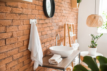 Stylish interior of modern bathroom with clean towels - obrazy, fototapety, plakaty