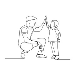 Fototapeta na wymiar Continuous line drawing of father dad give high five to child for success. Single line concept of parenting. Vector illustration.