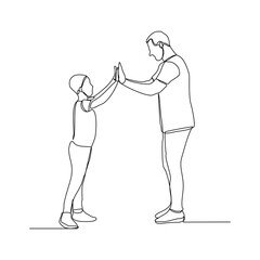 Continuous line drawing of father dad give high five to child for success. Single line concept of parenting. Vector illustration.
