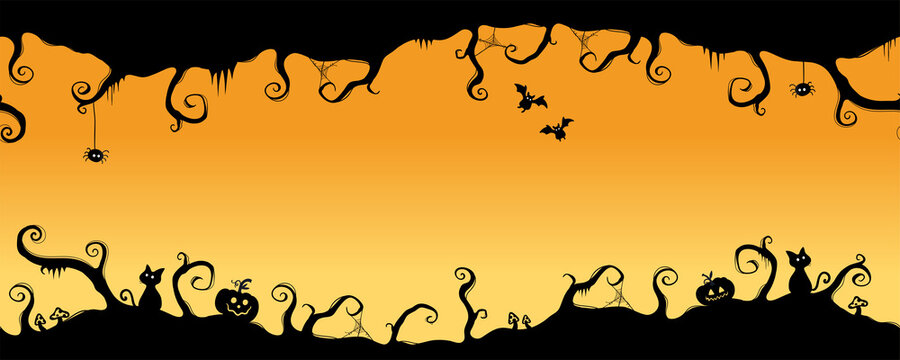 Fun hand drawn horizontal halloween seamless pattern, spooky branches and spiderwebs, pumpkins and bats - great for textiles, banners wrapping - vector design
