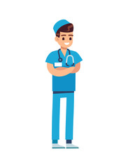 Doctor medical staff. Male physician in uniform and stethoscope, pediatrician or nurse standing and smiling, vector cartoon isolated character