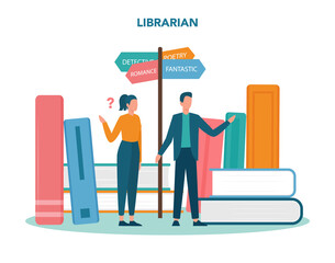 Librarian concept. Library staff holding and sorting book. Knowledge