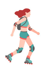 Woman on roller skates. Simple young character teenager skates using rollerblades. Outdoor activities in park, healthy leisure lifestyle. Flat vector cartoon illustration