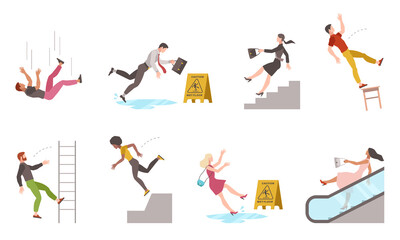 Falling down people. Tripping on stairs and drop from altitude, slipping wet floor, person injury, dangerous dropping from chair, accident vector flat isolated characters