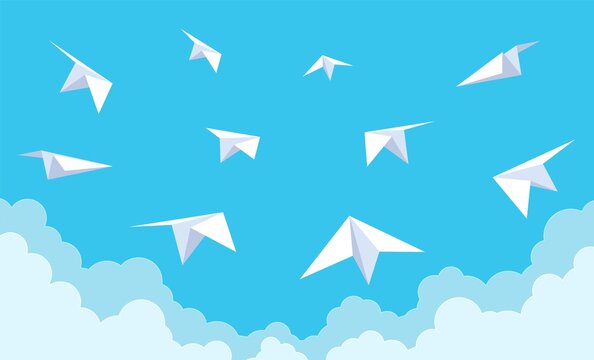 Paper planes in blue sky. White origami airplanes flying in clouds, new startup ideas, aviation flight, traveling concept cartoon style vector