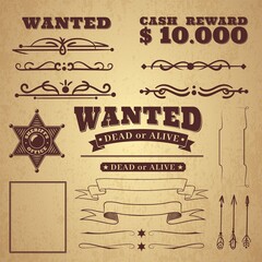 Wanted poster. Wild west vintage criminal search poster, borders and ribbons, frames and scroll elements in retro style on badge background, vector illustration for design - obrazy, fototapety, plakaty