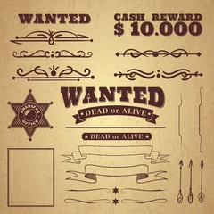 Fotobehang Vintage Poster Wanted poster. Wild west vintage criminal search poster, borders and ribbons, frames and scroll elements in retro style on badge background, vector illustration for design  © YummyBuum