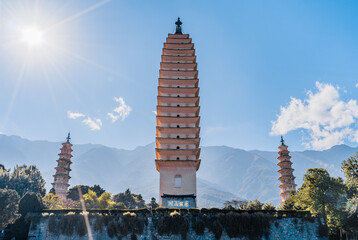 Low angle view of Three Pagodas Park of Chongsheng Temple, Dali, Yunnan, China