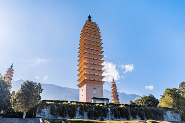 Low angle view of Three Pagodas Park of Chongsheng Temple, Dali, Yunnan, China