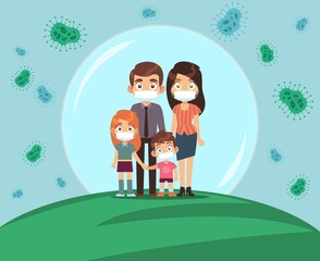 Family protected from virus. Mom dad and kids in medical masks stands in protective bubble, stop the spread of viruses, beware epidemic cartoon flat vector illustration