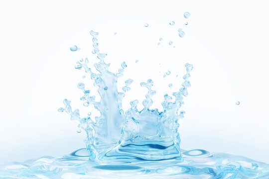 Water crown splash. Fresh blue clean mineral, micellar water, liquid fluid texture wave, abstract corona splash isolated, white background. Healthy drink 3D splash, beauty advertising design element
