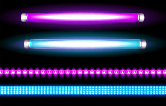 Neon tube lamps and led strips, long luminescence blue and purple light bulbs for night club, or bar signboards, fluorescent lighting. Halogen glowing elements, Realistic 3d vector illustration set