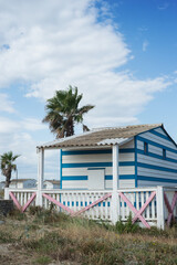 view of wooden hut and palm tree on the beach in Gruissan in France