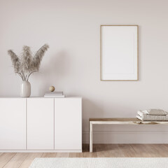 Interior in beige tones with a chest of drawers, and a wooden bench