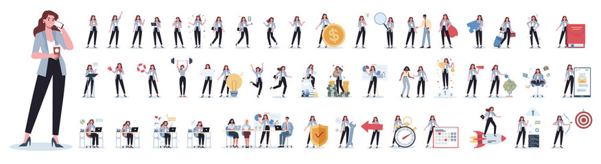 Fototapeta na wymiar Set of business woman or office worker character with various poses