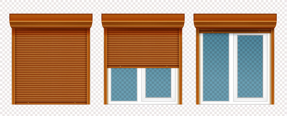 Plastic window with wooden rolling shutter isolated on transparent background. Vector realistic set of closed and open roller up for glass window, brown blind for office or shopfront