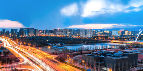 Fototapeta premium Matouqin Bridge at night in Hohhot, Inner Mongolia, China