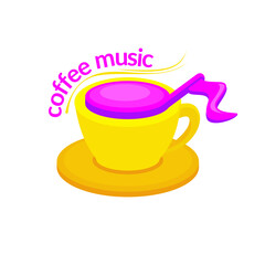 Coffee music logo or icon vector design, with yellow cup and pink music note symbol
