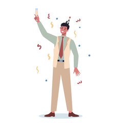 Office worker at work party. Business character in party hat dancing