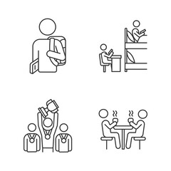 Student life pixel perfect linear icons set. Campus life and activities. Flatmates studying in dormitory room. Customizable thin line contour symbols. Isolated vector outline illustrations