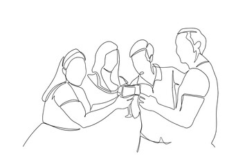 Continuous line drawing of company of friends celebrating.. Continuous one line drawing, vector of group people cheering with glasses of wine or champagne. Man and woman in party celebration