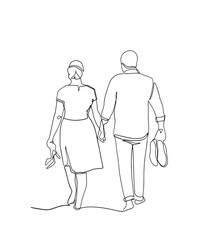 Young couple walking together holding hands continuous one line vector drawing. Romantic date. Hand drawn family. Boyfriend and girlfriend hiking. People in love. Minimalistic contour illustration.