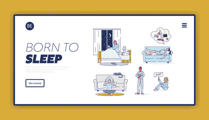 Insomnia landing page with set of people suffering from sleeplessness. Sleepless cartoon characters