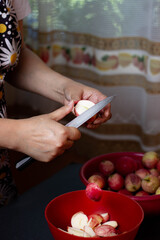 female hands cut apples for pie