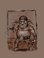 Digital pen and ink drawing of a goblin pirate with a dagger and bandana - digital fantasy illustration