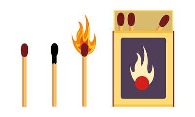 Matchbox and matches in different condition. Fire on a wooden stick. Vector illustration