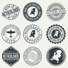 Netherlands Set of Stamps. Travel Stamp. Made In Product. Design Seals Old Style Insignia.