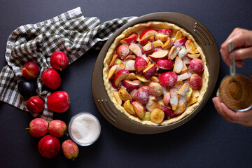 female hands make a yeast cake with apples and cinnamon in a shape