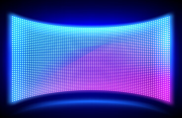 Led concave wall video screen with glowing blue and purple dot lights on black background. Vector illustration of grid pattern for led display on stadium or scene. Digital panel with mesh diode lamps