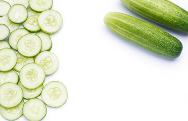 Fresh cucumber, chopped cucumbers separate on a white background There is space for designing text.