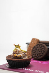 Homemade choco tart or mufins served with whipped cream,chocolate and dryfruits.