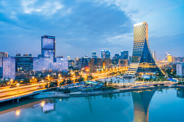 Night view of European central city buildings in Chengdu, Sichuan, China