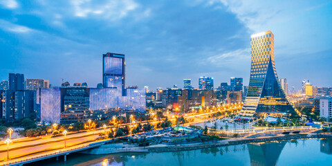 Night view of European central city buildings in Chengdu, Sichuan, China - obrazy, fototapety, plakaty