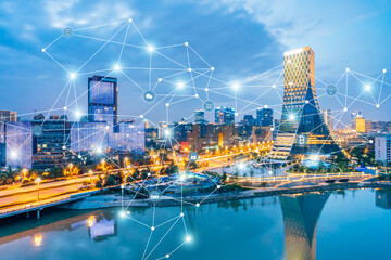 Big data concept of high-rise building night view and urban interconnection in Chengdu, Sichuan,...
