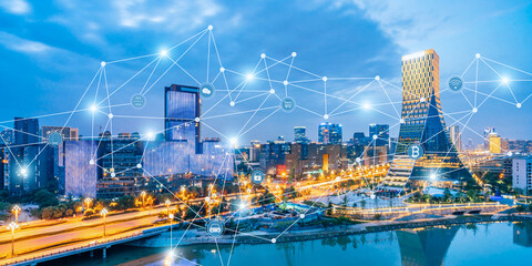 Big data concept of high-rise building night view and urban interconnection in Chengdu, Sichuan,...