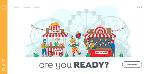 Characters Visit Amusement Park Landing Page Template. People Eating Out and Relax in Public Place, Buying Food in Booth