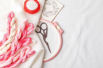 Embroidery set. Linen fabric, embroidery patterns, embroidery hoop, colorful threads and needls.