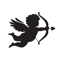 Black silhouette of Cupid aiming a bow and arrow. Valentines Day love symbol. Vector illustration isolated