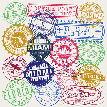 Miami Florida Set of Stamps. Travel Stamp. Made In Product. Design Seals Old Style Insignia.