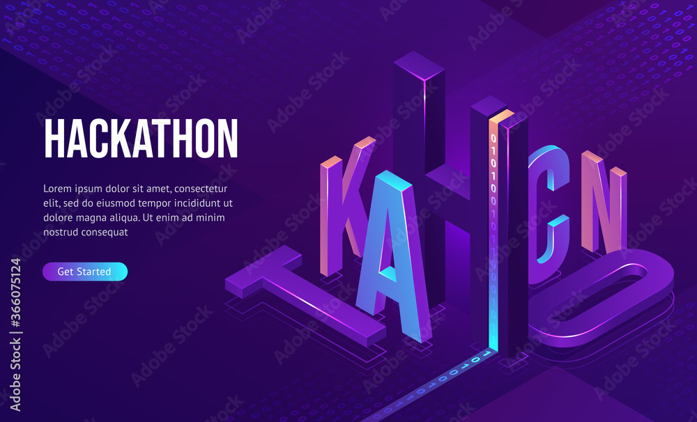 Poster hackathon isometric landing page. 3d typography with binary code on purple neon colored background. 