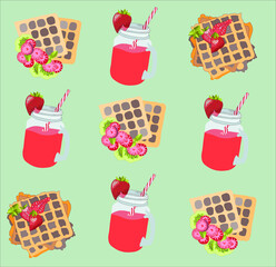 Desserts with strawberries on a green backgraund.