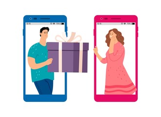 Online gift service. Man giving present woman. Happy male female characters, online dating and chat vector illustration